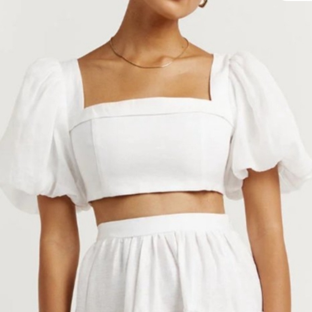 NWT Dissh Aisle White Linen Puff Sleeve Crop Top Size 6